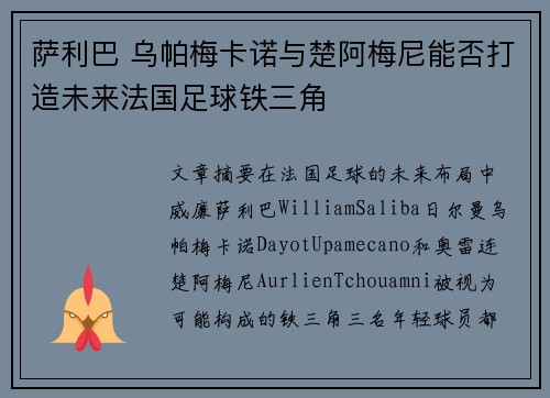 萨利巴 乌帕梅卡诺与楚阿梅尼能否打造未来法国足球铁三角