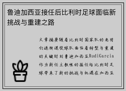 鲁迪加西亚接任后比利时足球面临新挑战与重建之路